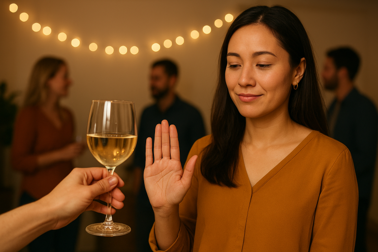 Person saying no to alcohol in a social setting without feeling left out.